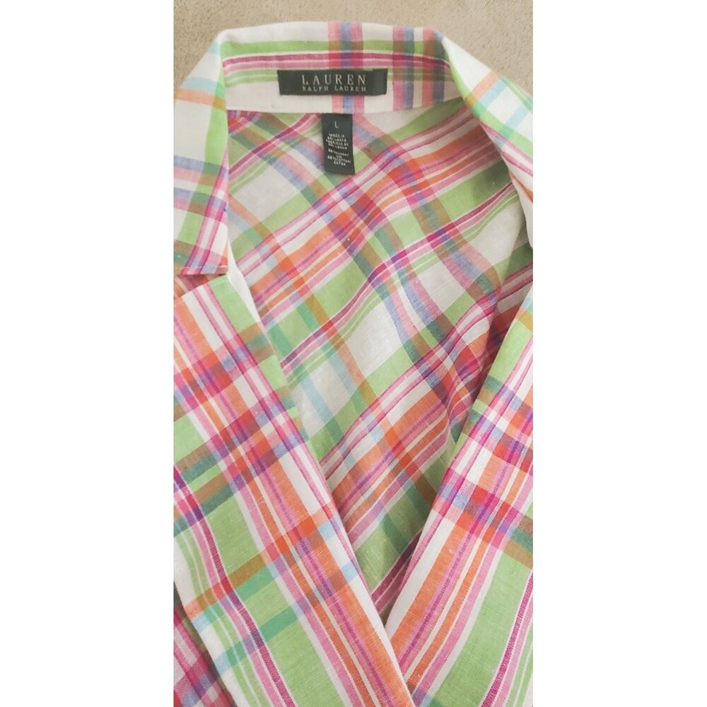 Lauren Ralph Lauren Pink Green Plaid Wrap Blouse - Size L - Picture 5 of 9